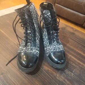 black and white tweed lace-up combat boots